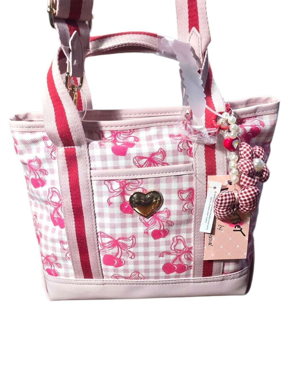 Luv Betsey by Betsey Johnson Cherry Bow Gingham Mini Tote Crossbody Bag Pink NWT